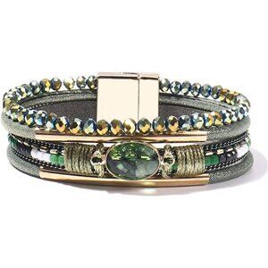 Leather Wrap Bracelets for Women - Boho Cuff with Crystal Beads